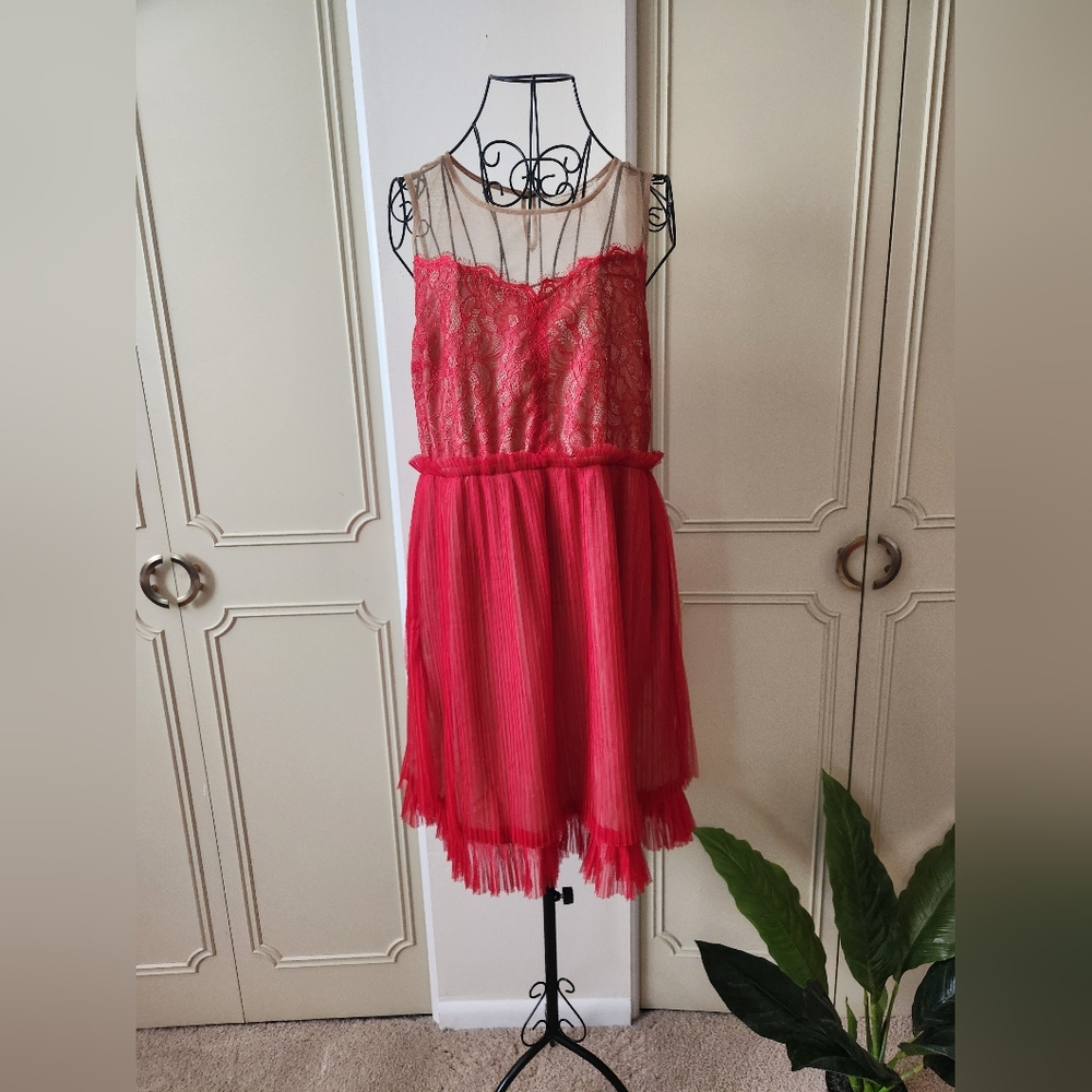 A'Reve Anthropologie Womens Size Large Red Lace Dress, Romantic, Party